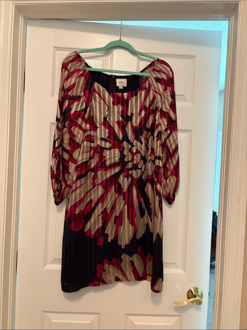 ECI Pleated Floral Shift Dress in Burgundy, Taupe & Black
